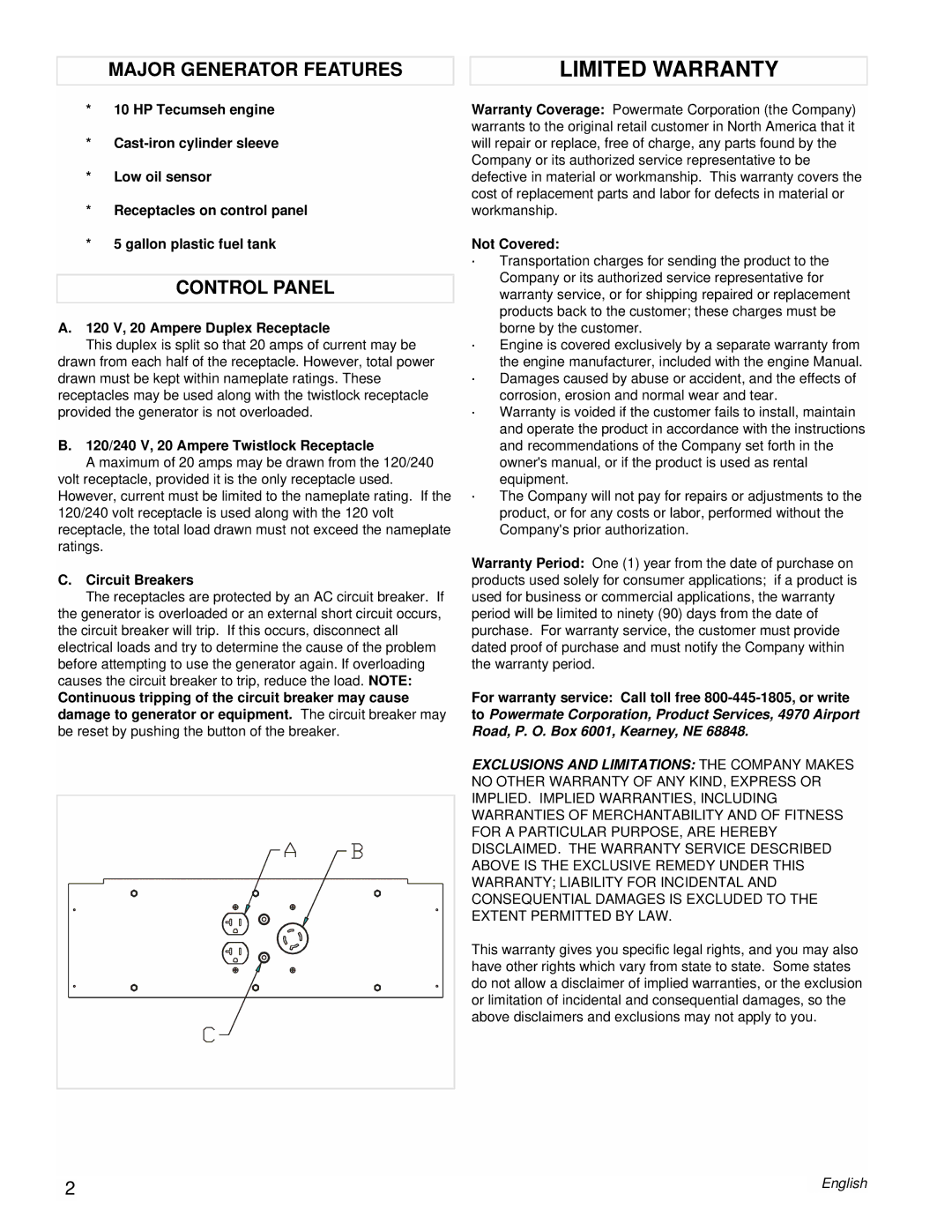 Coleman PMA525302.02 manual Limited Warranty, Major Generator Features, Control Panel 