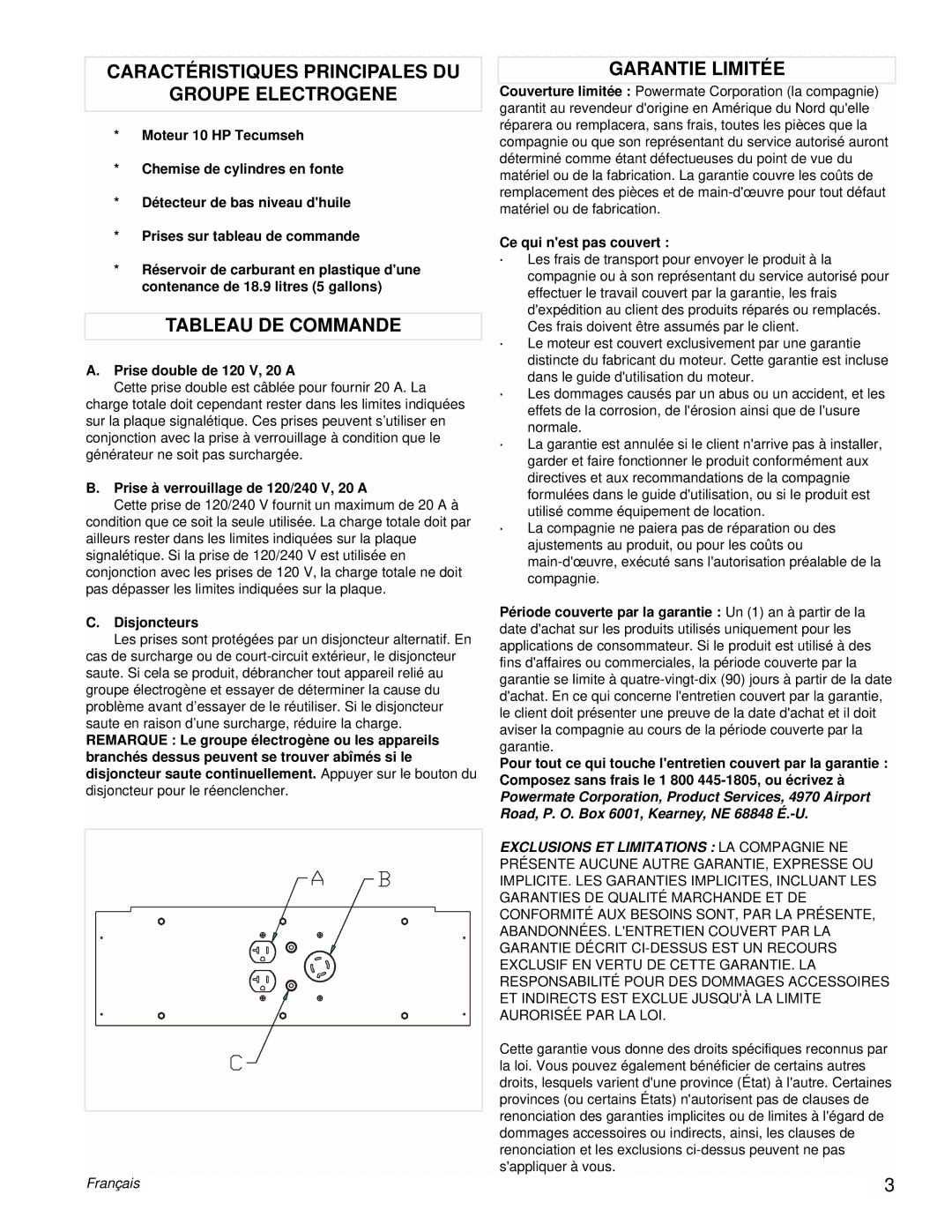 Coleman PMA525302.02 manual Caractéristiques Principales DU Groupe Electrogene, Tableau DE Commande, Garantie Limitée 