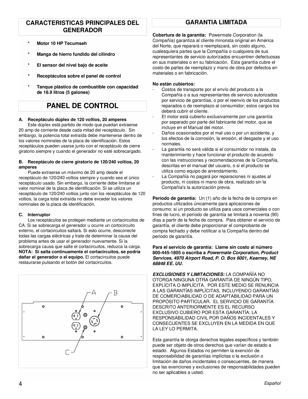 Coleman PMA525302.02 manual Panel DE Control, Caracteristicas Principales DEL Generador, Garantia Limitada, Interruptor 