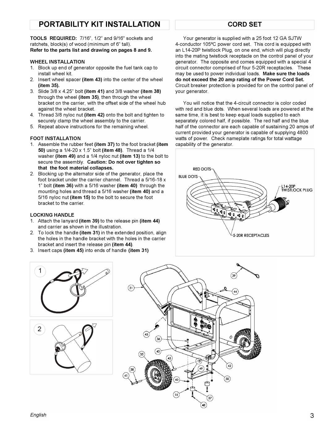 Coleman PMC545008 manual Portability KIT Installation, Cord SET 