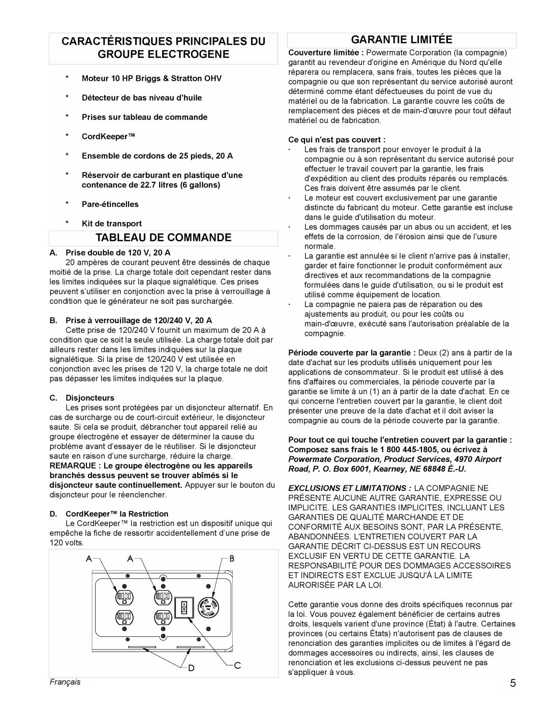 Coleman PMC545008 manual Caractéristiques Principales DU Groupe Electrogene, Tableau DE Commande, Garantie Limitée 