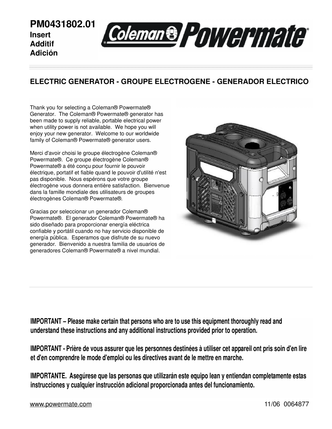 Coleman PM0431802.01 manual Insert Additif Adición, Electric Generator - Groupe Electrogene - Generador Electrico, 11/06 