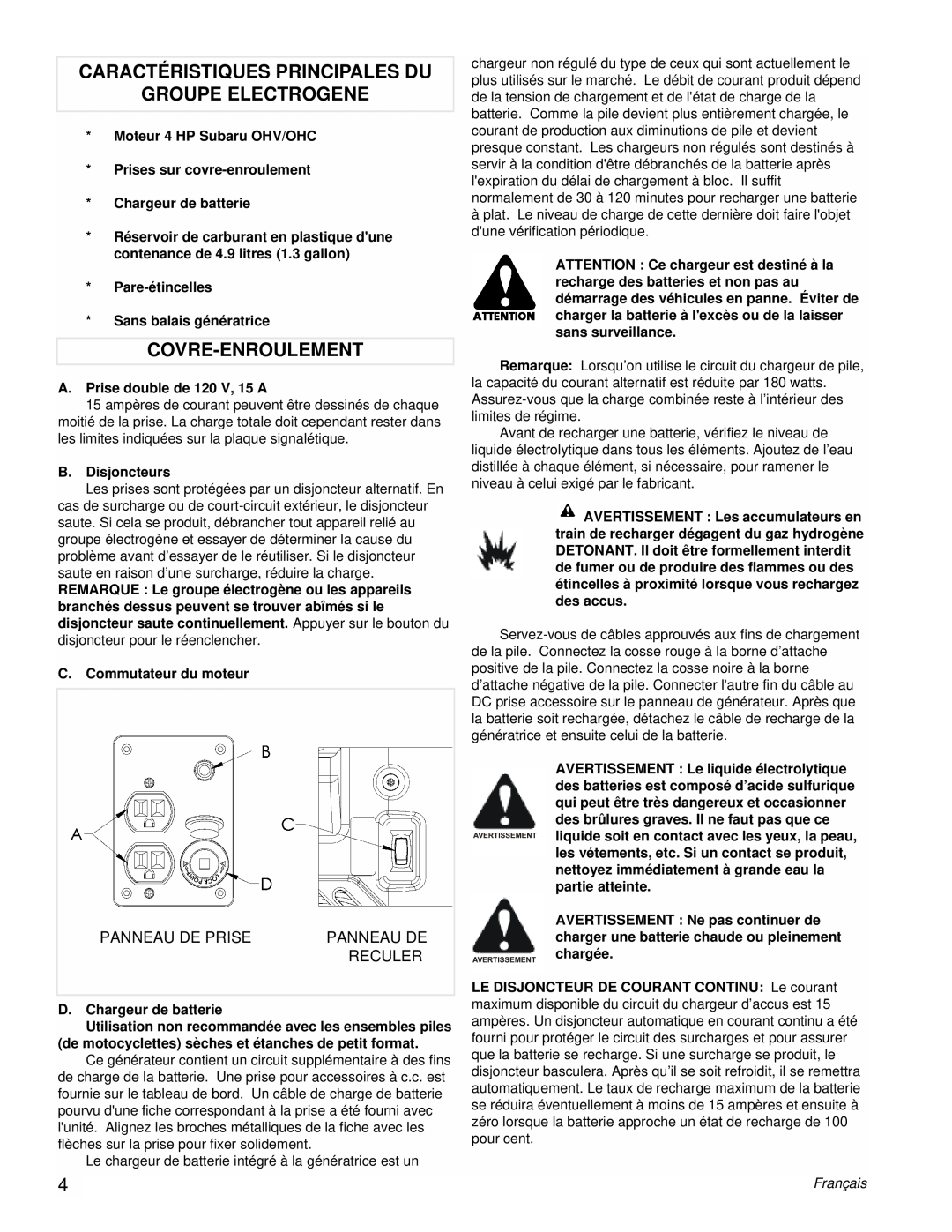 Coleman Powermate Generator manual Caractéristiques Principales Du Groupe Electrogene, Covre-Enroulement, Panneau De Prise 
