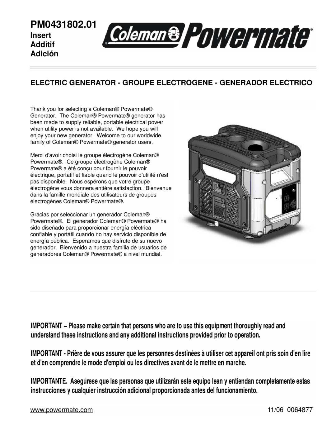 Coleman PM0431802.01, Powermate Generator manual 