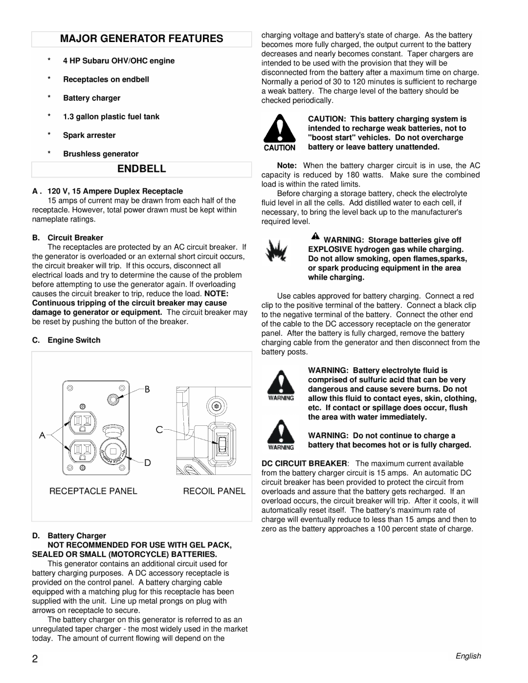 Coleman Powermate Generator manual Major Generator Features, Endbell, Receptacle Panel Recoil Panel, Circuit Breaker 