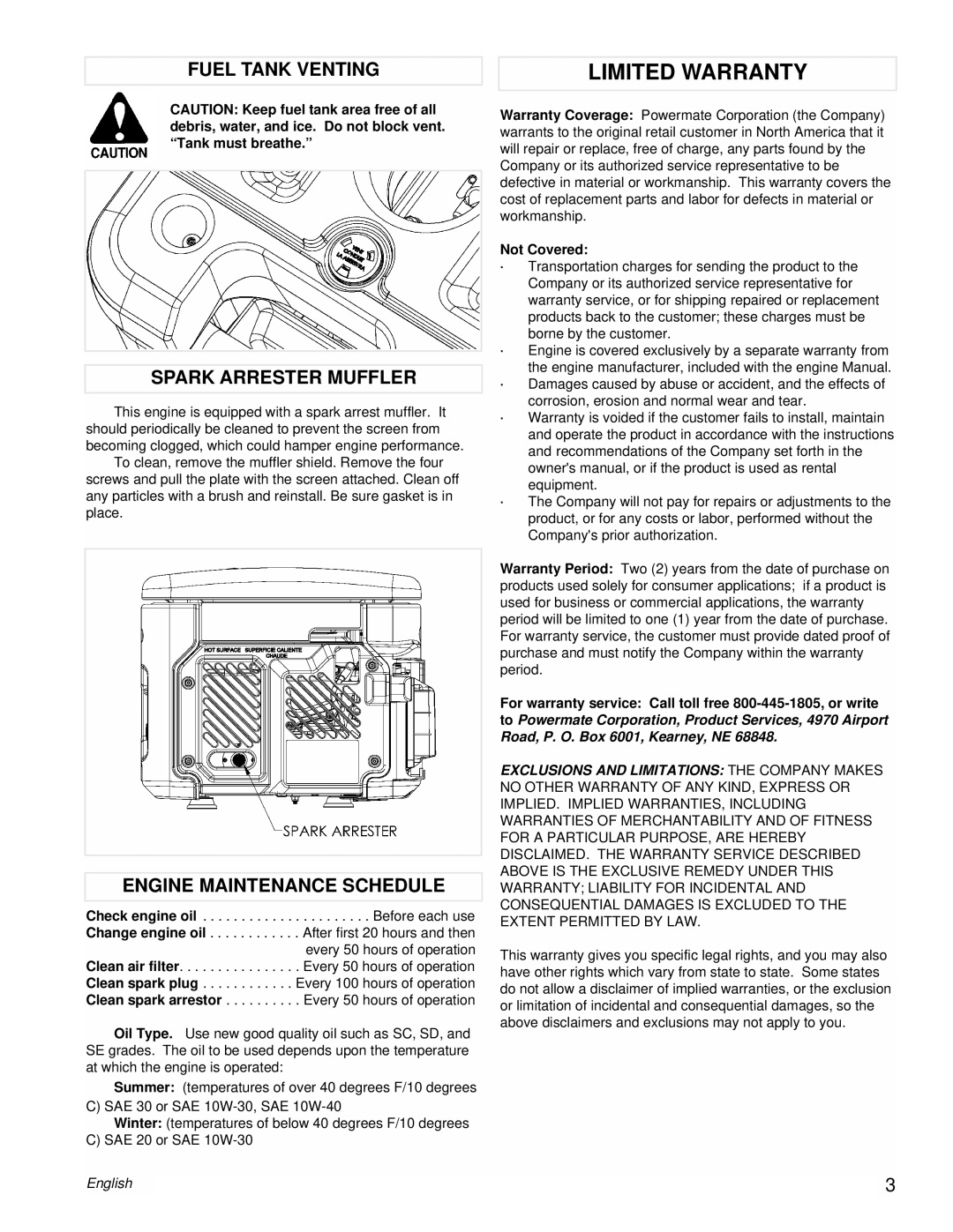 Coleman PM0431802.01 manual Fuel Tank Venting Spark Arrester Muffler, Engine Maintenance Schedule, Not Covered 