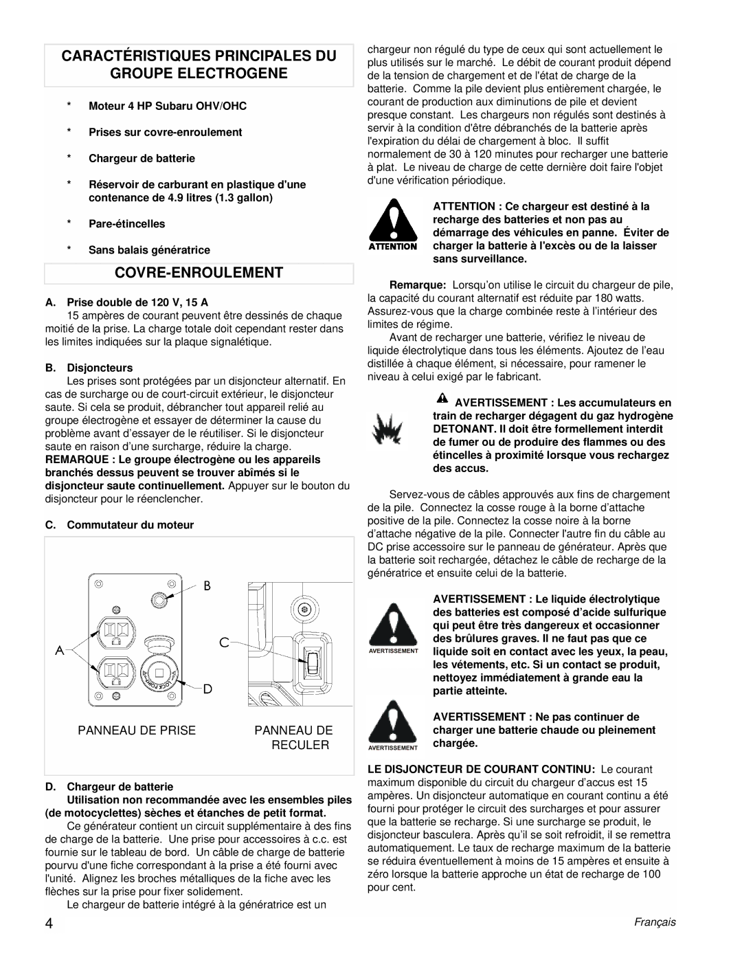 Coleman Powermate Generator manual Caractéristiques Principales DU Groupe Electrogene, Covre-Enroulement, Disjoncteurs 