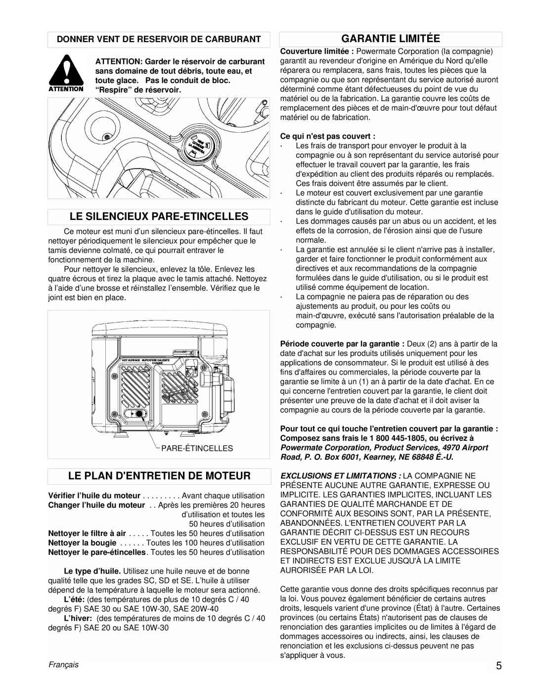 Coleman PM0431802.01, Powermate Generator LE Silencieux PARE-ETINCELLES, LE Plan Dentretien DE Moteur, Garantie Limitée 