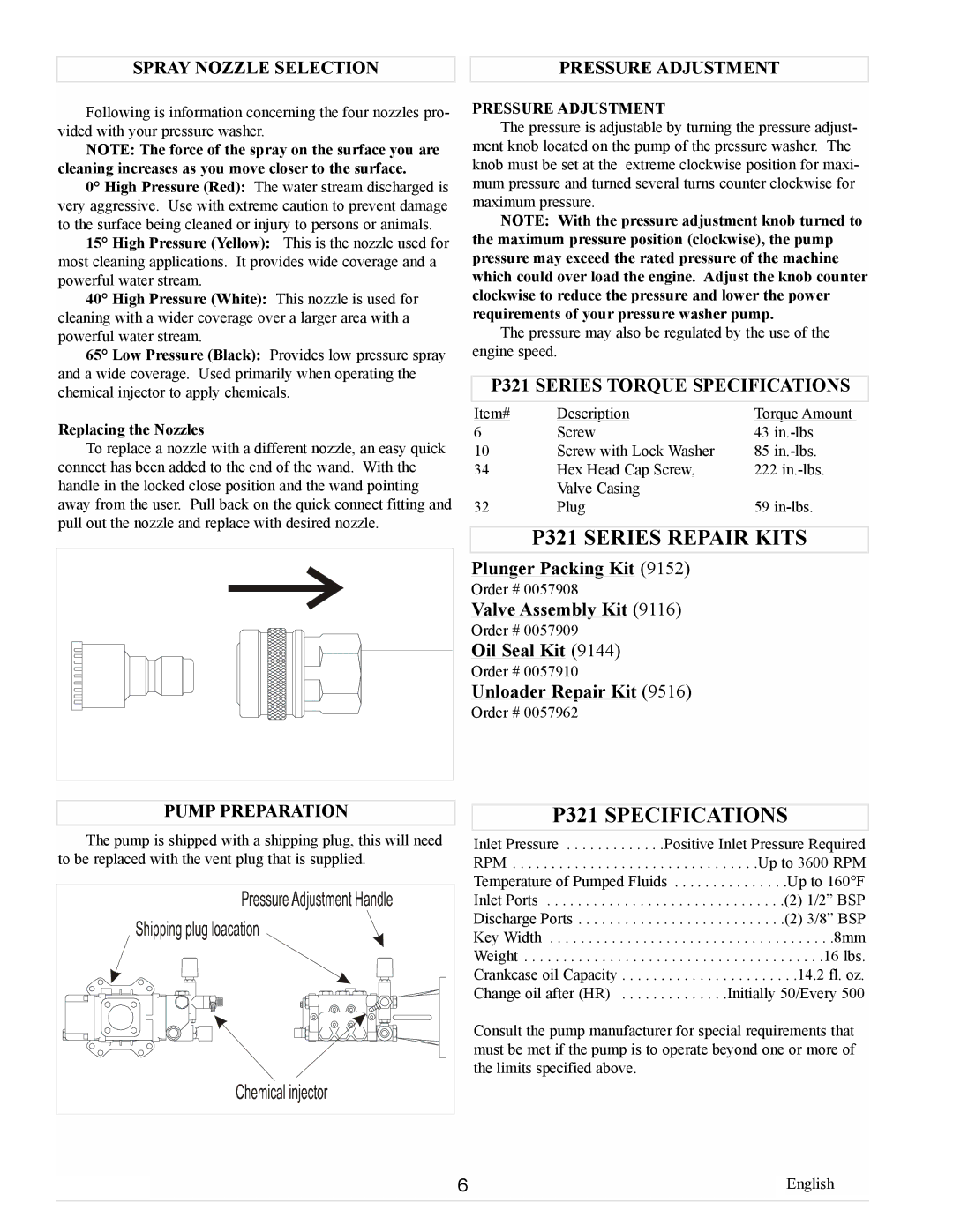 Coleman Powermate, PW0923500 manual P321 Series Repair Kits, P321 Specifications, P321 Series Torque Specifications 