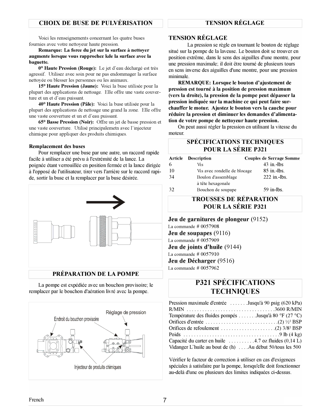 Coleman PW0923500, Powermate manual P321 Spécifications Techniques, Choix DE Buse DE Pulvérisation 