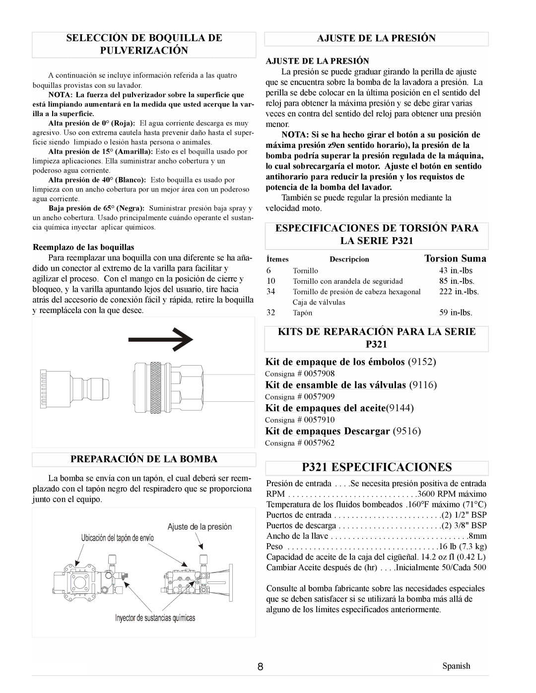 Coleman Powermate manual P321 Especificaciones, Selección DE Boquilla DE Pulverización, Kits DE Reparación Para LA Serie 