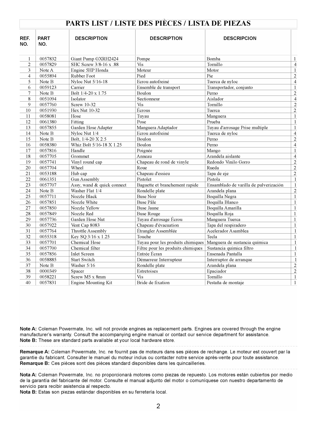 Coleman PW0912400.02 manual Parts List / Liste DES Pièces / Lista DE Piezas 