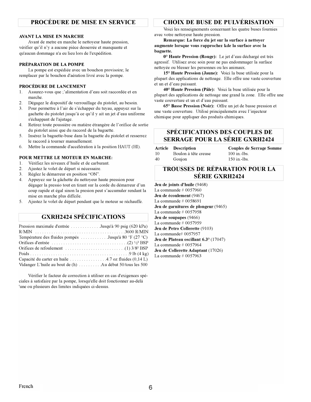Coleman PW0912400.02 manual Procédure De Mise En Service, GXRH2424 SPÉCIFICATIONS, Choix De Buse De Pulvérisation, French 