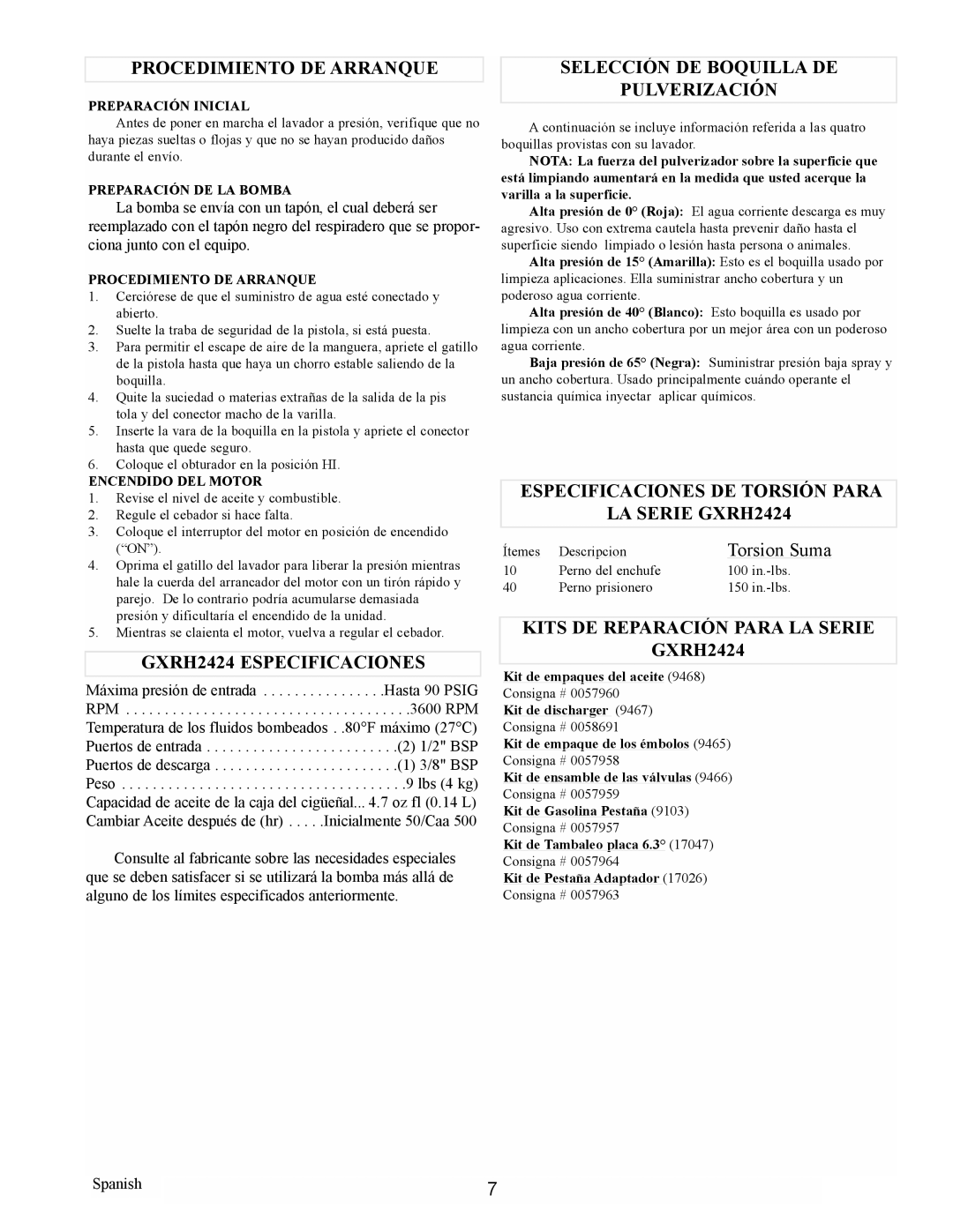 Coleman PW0912400.02 manual Procedimiento De Arranque, GXRH2424 ESPECIFICACIONES, Selección De Boquilla De Pulverización 