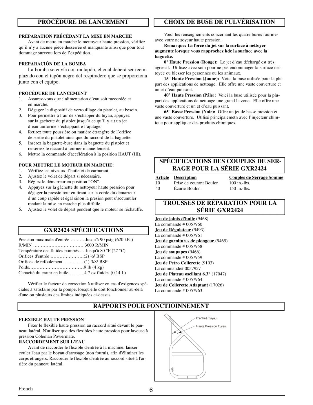 Coleman PW0912500 service manual Procédure De Lancement, GXR2424 SPÉCIFICATIONS, Choix De Buse De Pulvérisation 