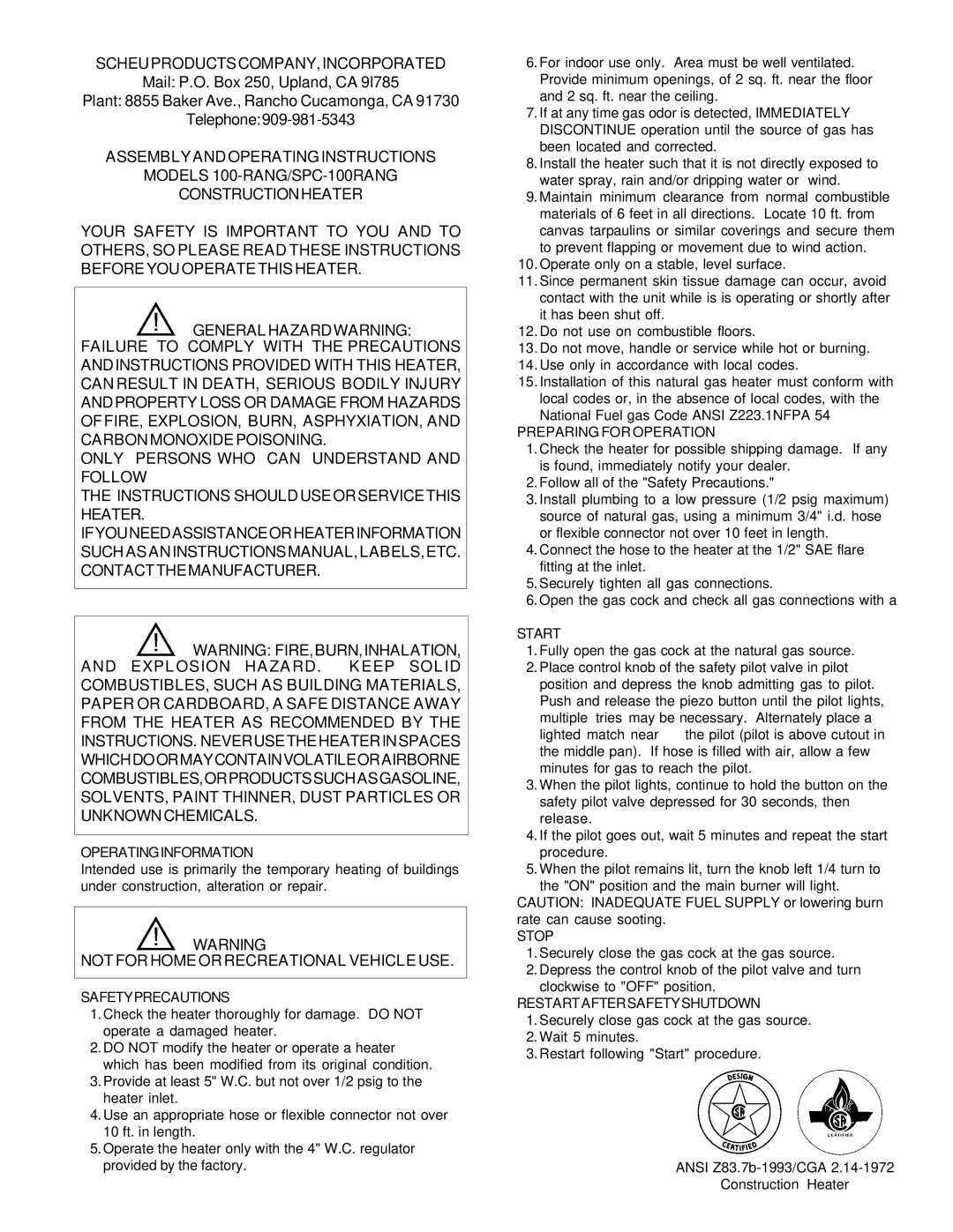 Coleman 100-RANG operating instructions Scheuproductscompany,Incorporated, Not for Home or Recreational Vehicle USE 