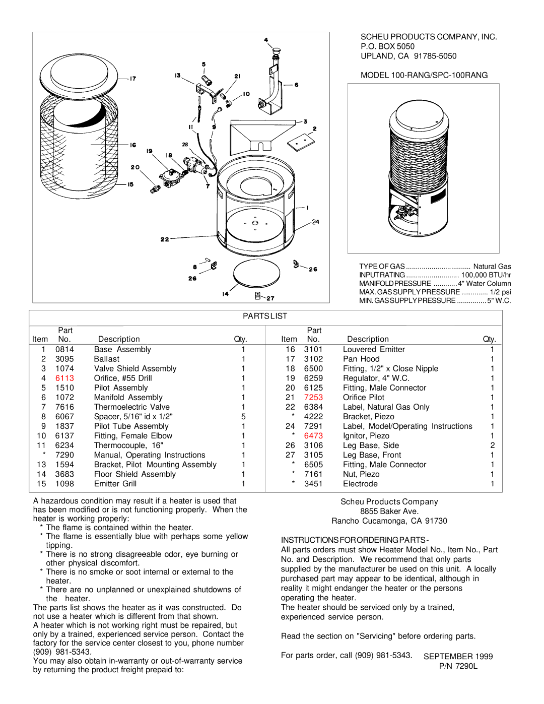 Coleman Scheu Products COMPANY, INC, Model 100-RANG/SPC-100RANG, Partslist, Instructionsfororderingparts 