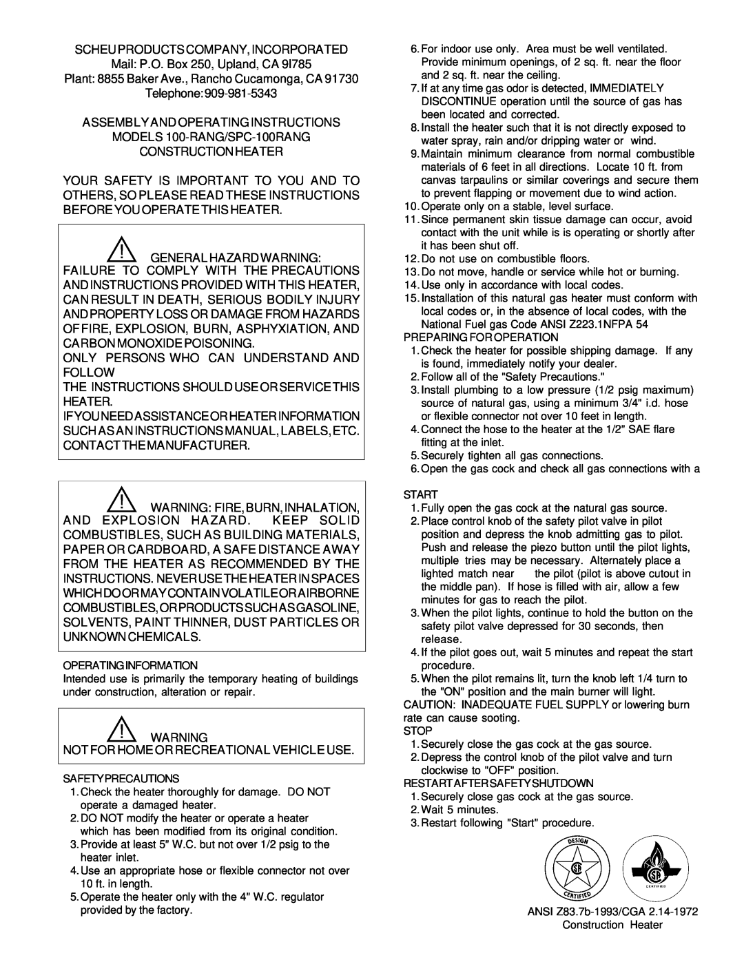 Coleman 100-RANG, SPC-100RANG operating instructions Scheuproductscompany,Incorporated 