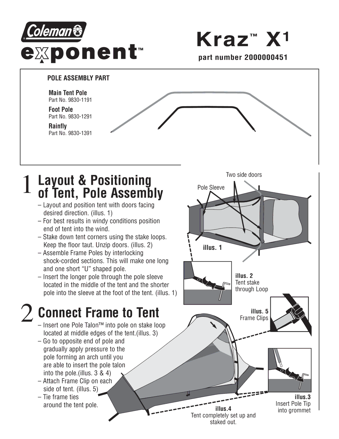 Coleman X1 manual Kraz, Layout & Positioning, Tent, Pole Assembly, Connect Frame to Tent 