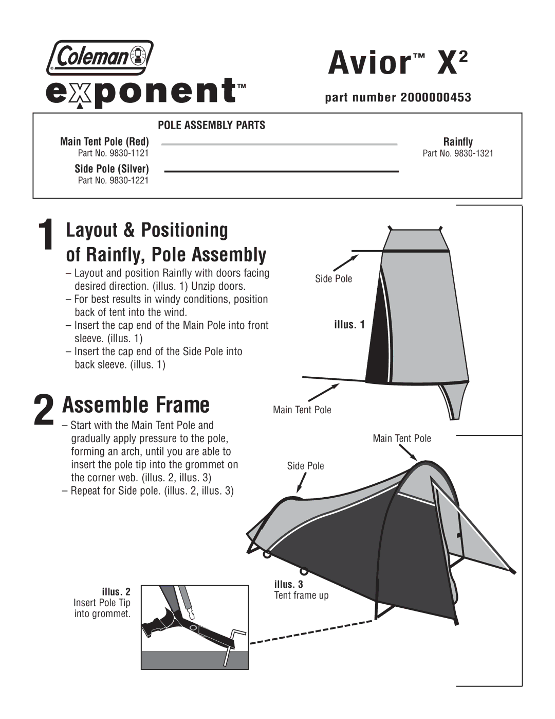 Coleman X2 manual Avior, Assemble Frame, Layout & Positioning Rainfly, Pole Assembly 