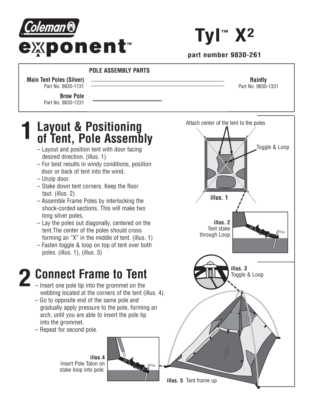 Coleman X2 manual Tyl X, Layout & Positioning, Tent, Pole Assembly, Connect Frame to Tent 