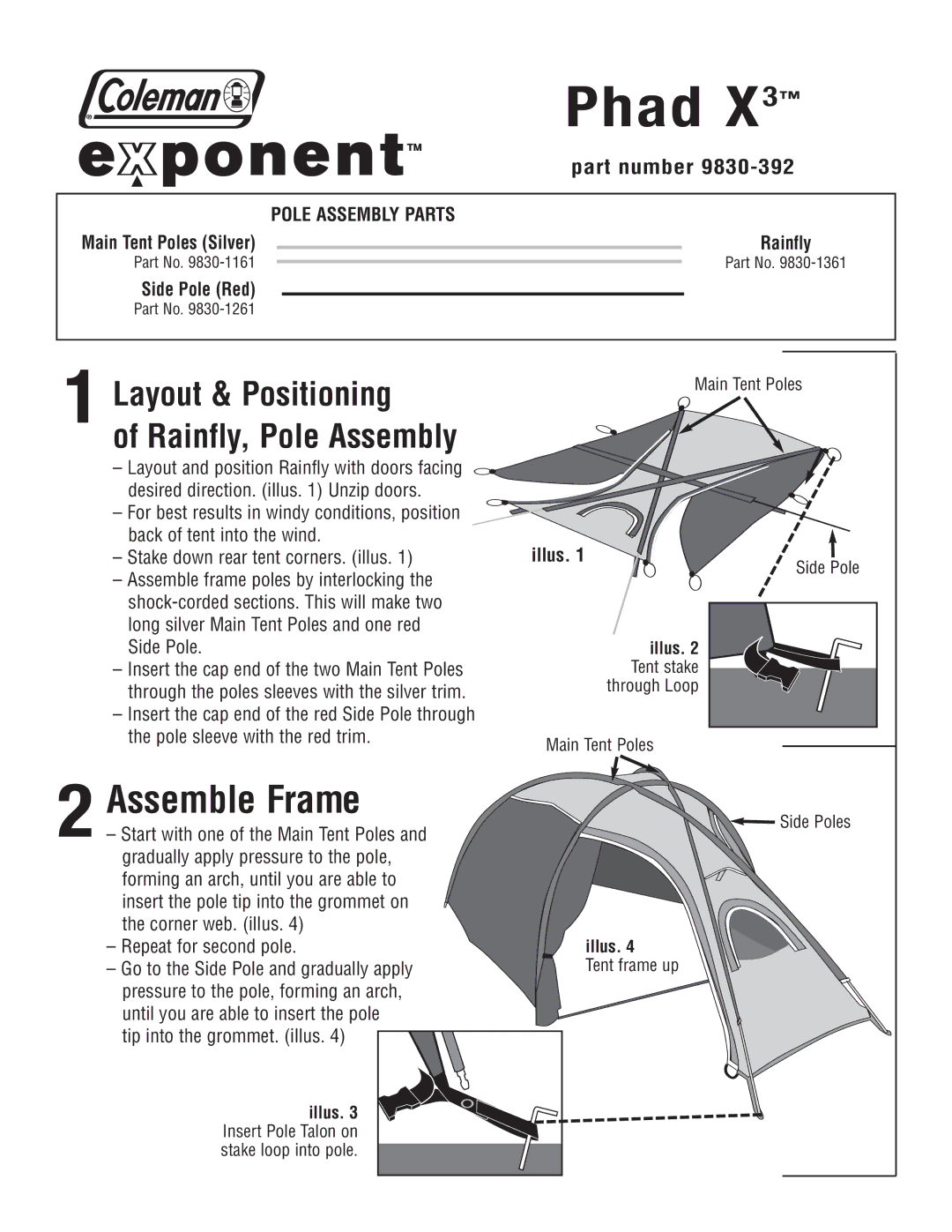 Coleman X3TM manual Phad X, Assemble Frame, Layout & Positioning, Rainfly, Pole Assembly 