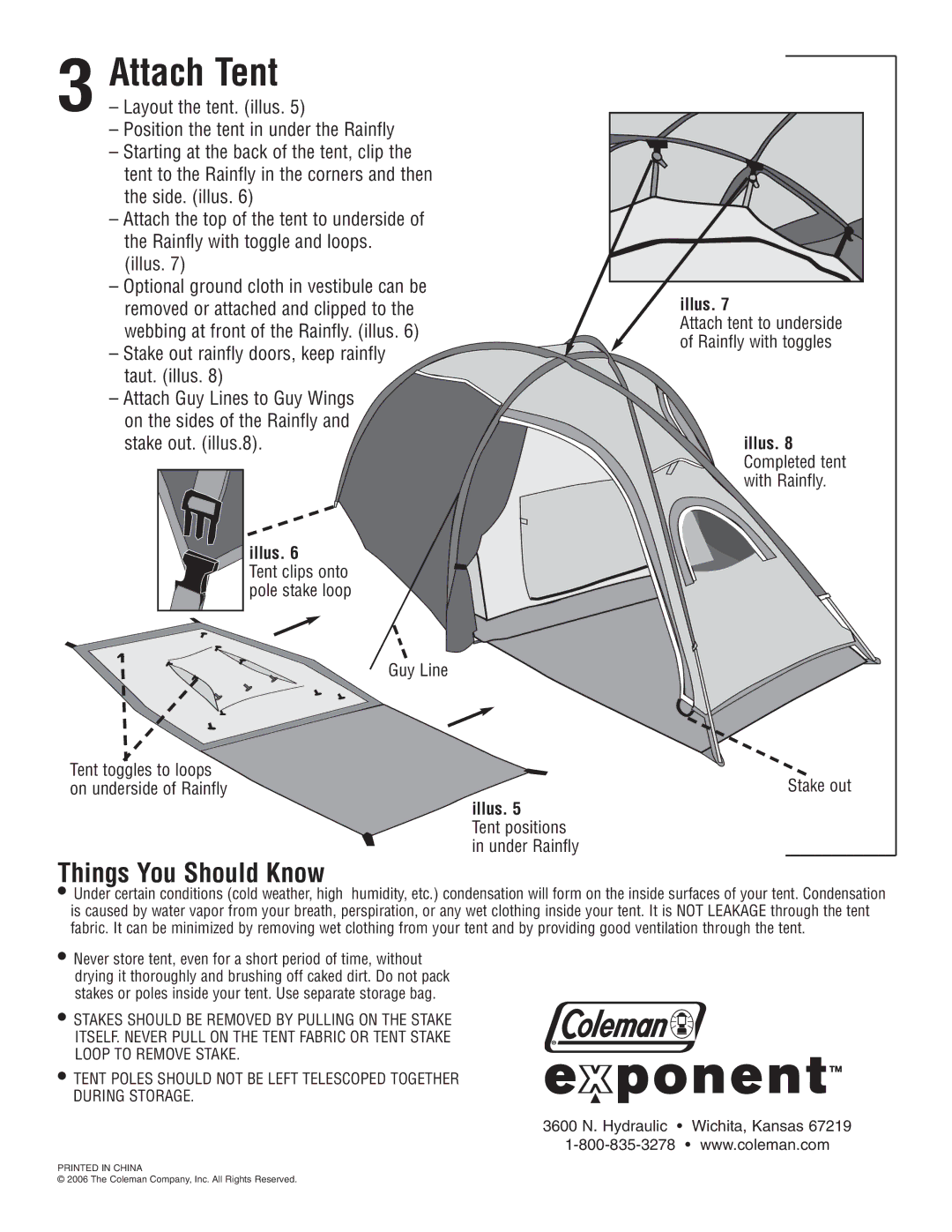 Coleman X3TM manual Attach Tent, Things You Should Know, Stake out rainfly doors, keep rainfly taut. illus 