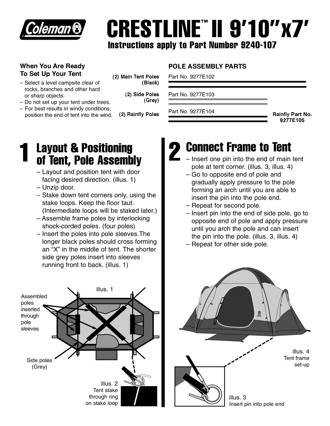 Coleman X7 manual Crestline II 9’10x7’, Connect Frame to Tent, Layout & Positioning of Tent, Pole Assembly 