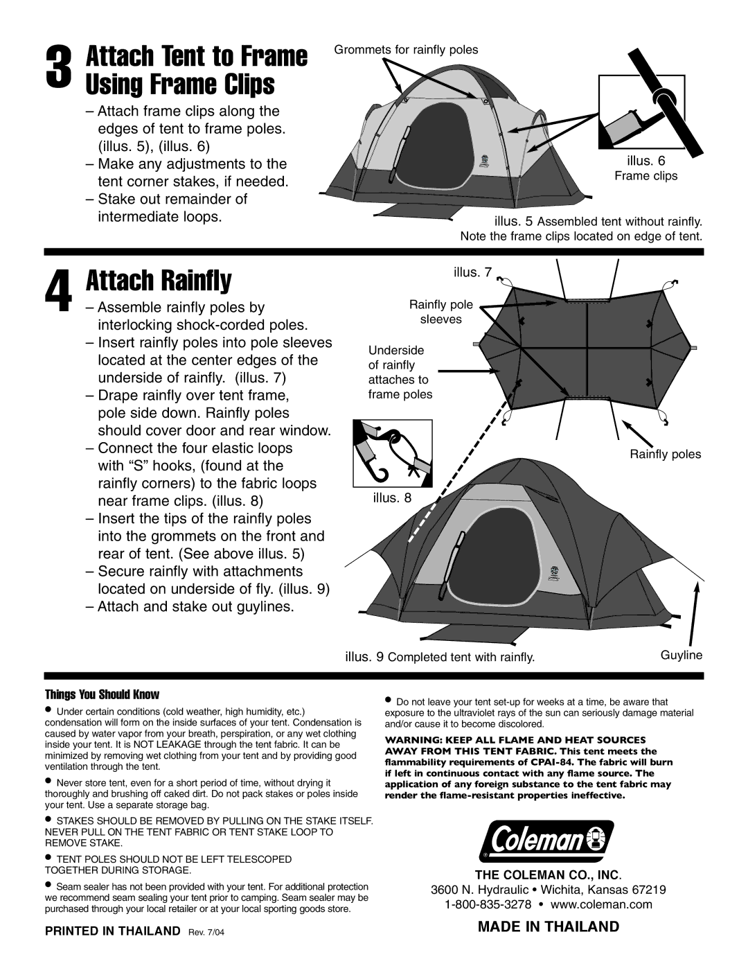 Coleman 10, X7, 9 manual Attach Rainfly, Attach Tent to Frame Using Frame Clips, Things You Should Know 