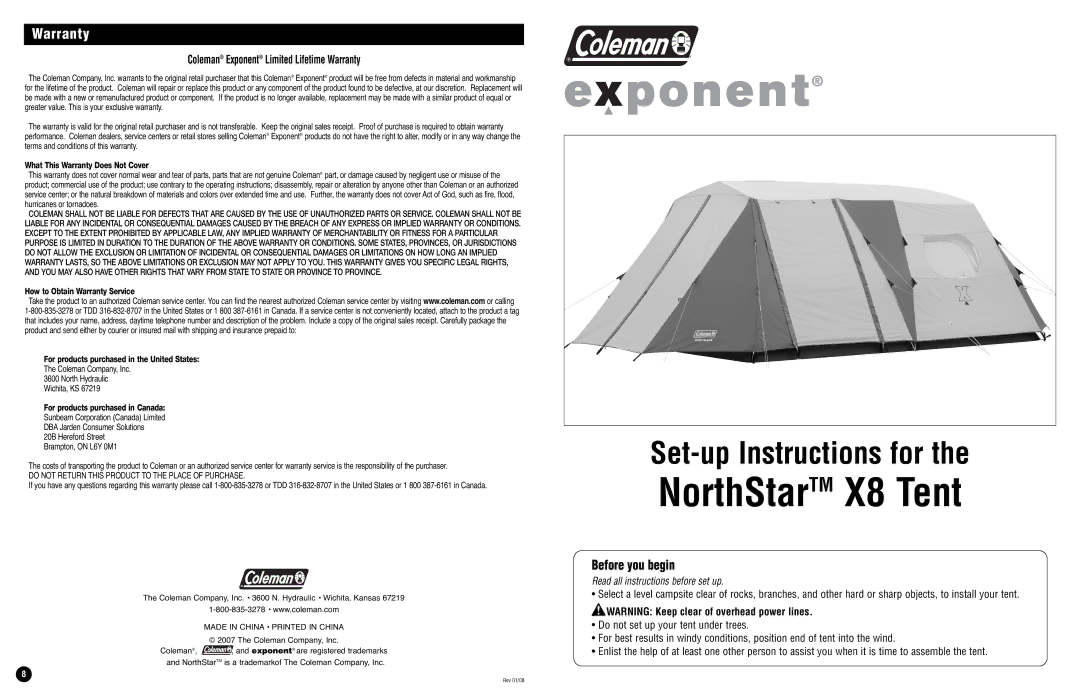 Coleman X8 warranty Warranty, Before you begin 