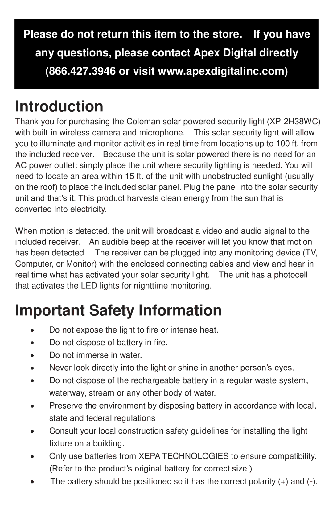 Coleman XP-2H38WC instruction manual Introduction, Important Safety Information 