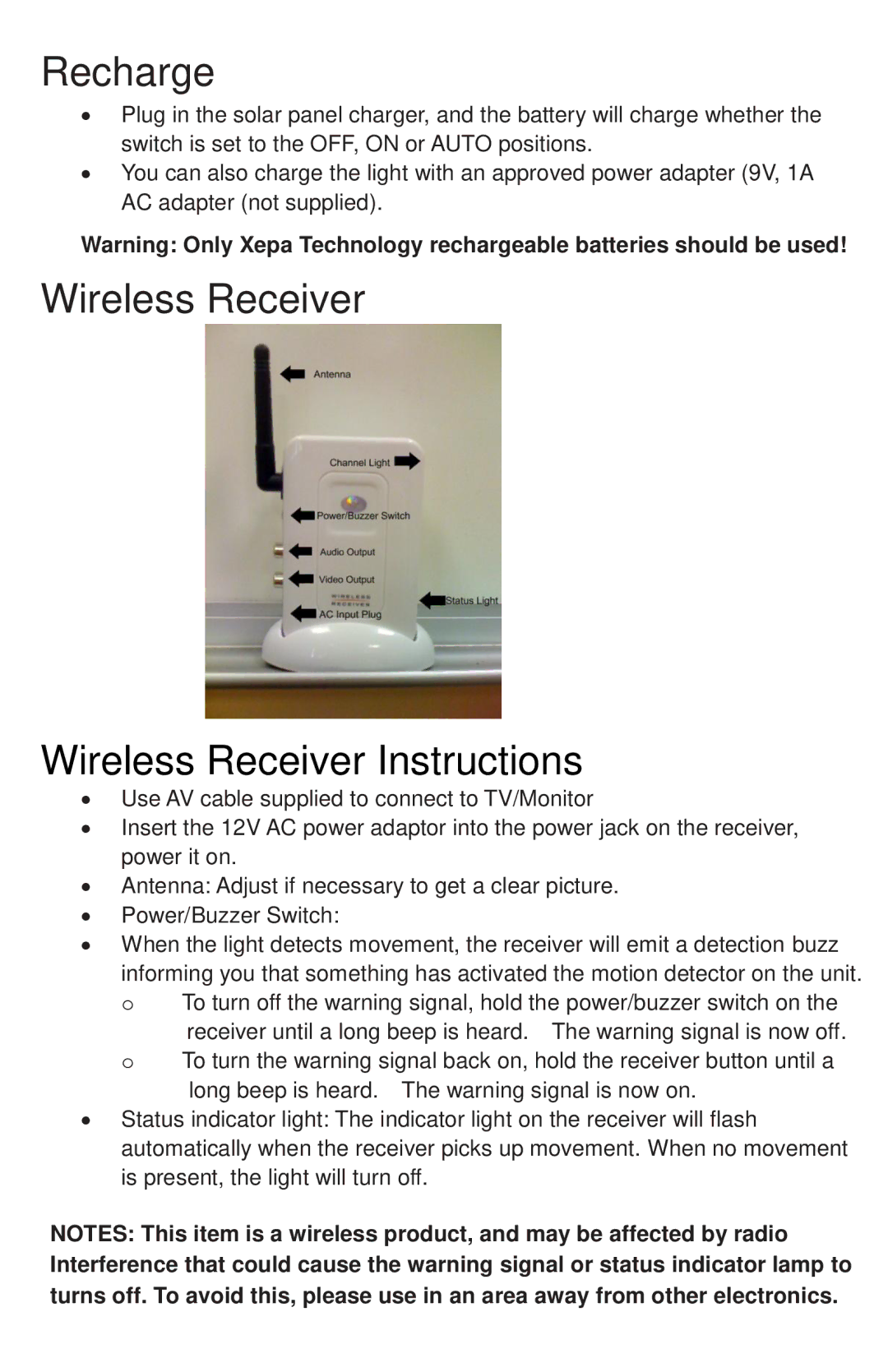 Coleman XP-2H38WC instruction manual Recharge, Wireless Receiver Instructions 