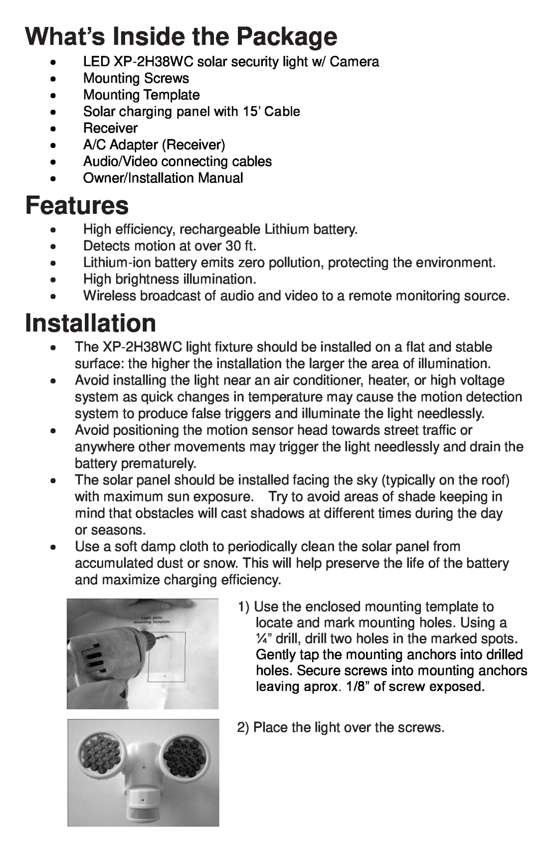 Coleman XP-2H38WC instruction manual What’s Inside the Package, Features, Installation 