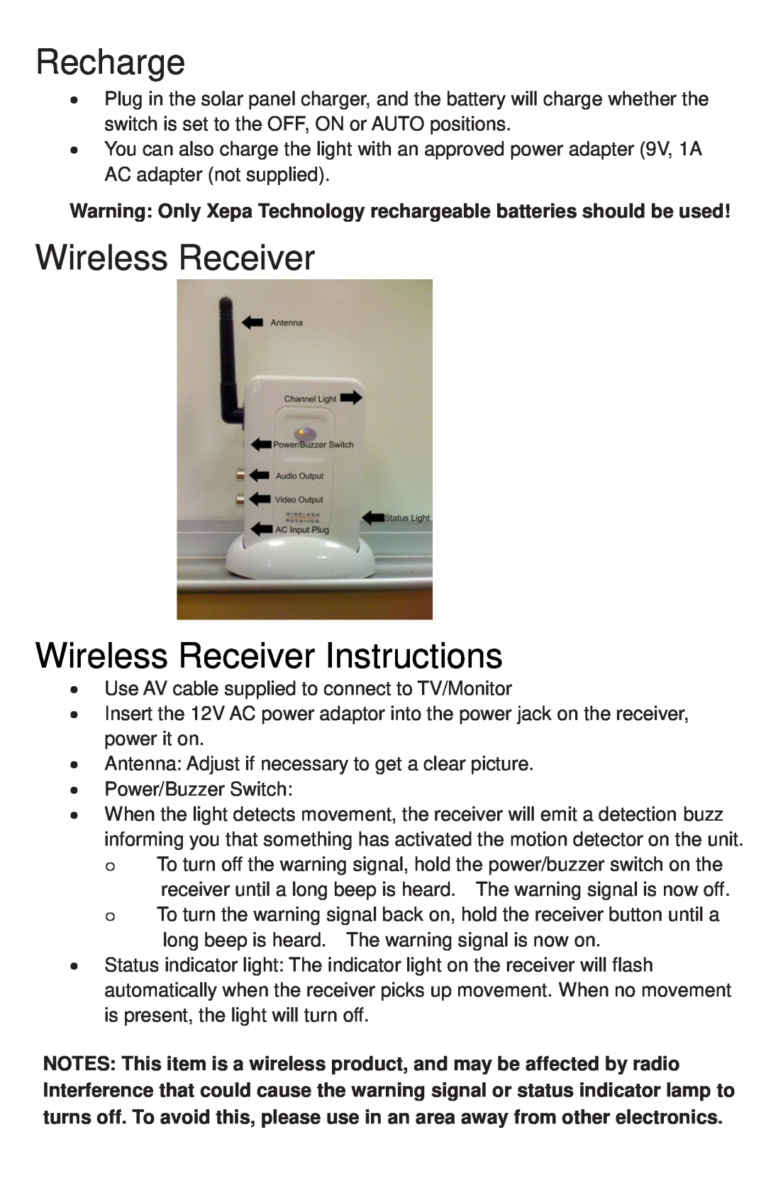 Coleman XP-2H38WC instruction manual Recharge, Wireless Receiver Instructions 