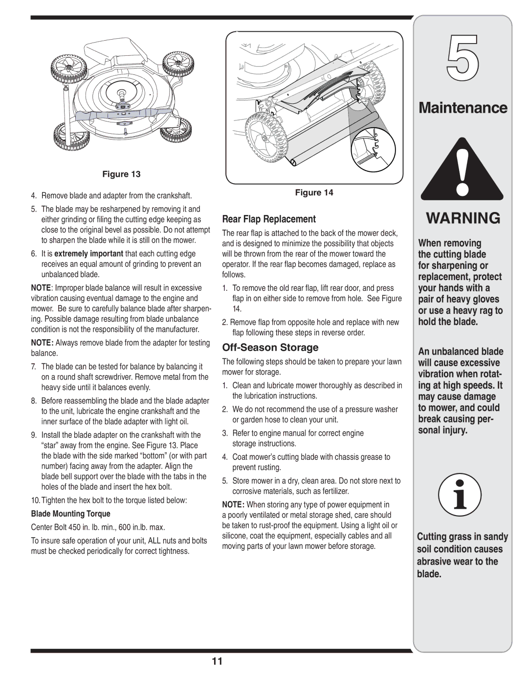 Columbian Home Products 540 warranty Rear Flap Replacement, Off-Season Storage, Blade Mounting Torque 