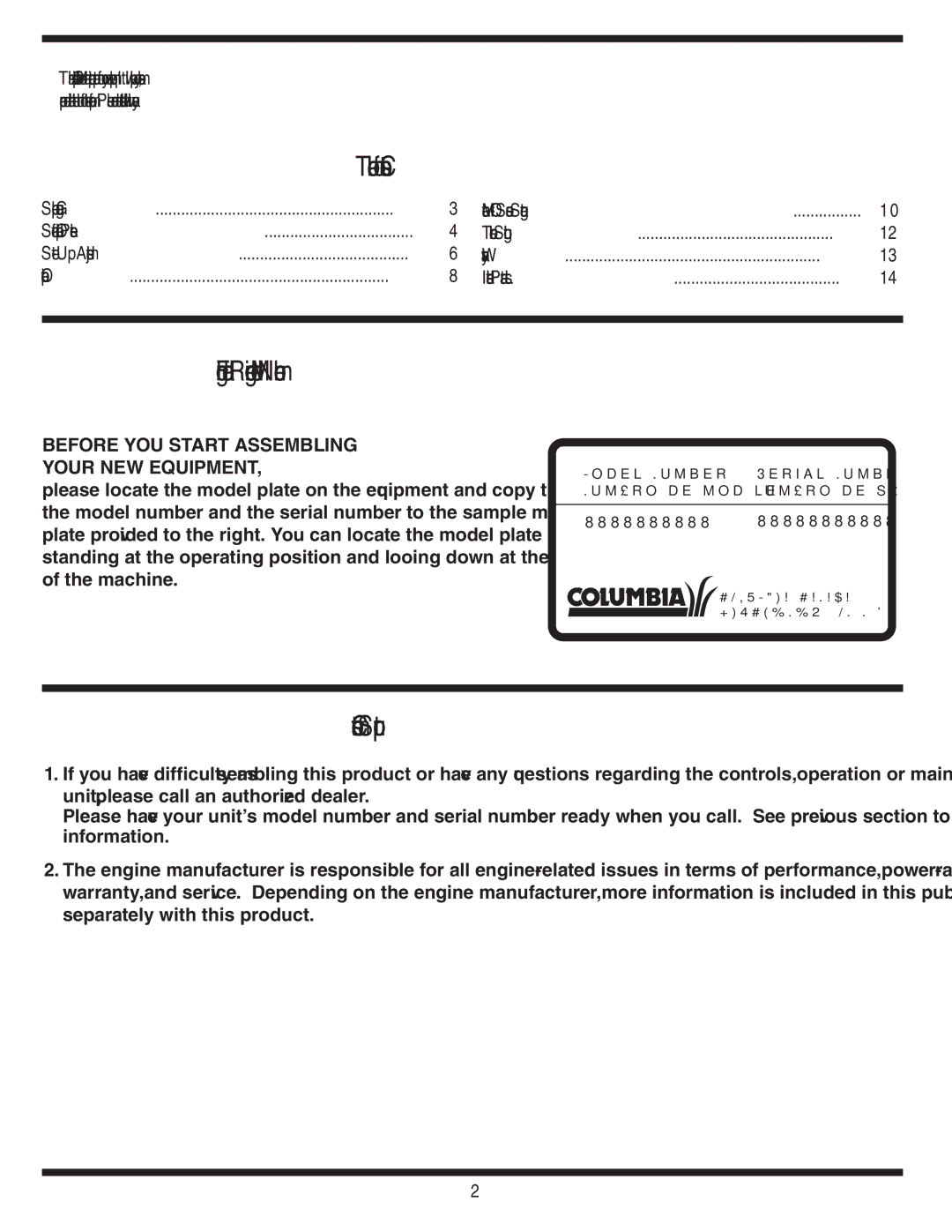 Columbian Home Products 540 warranty Table of Contents, Finding and Recording Model Number, Customer Support 