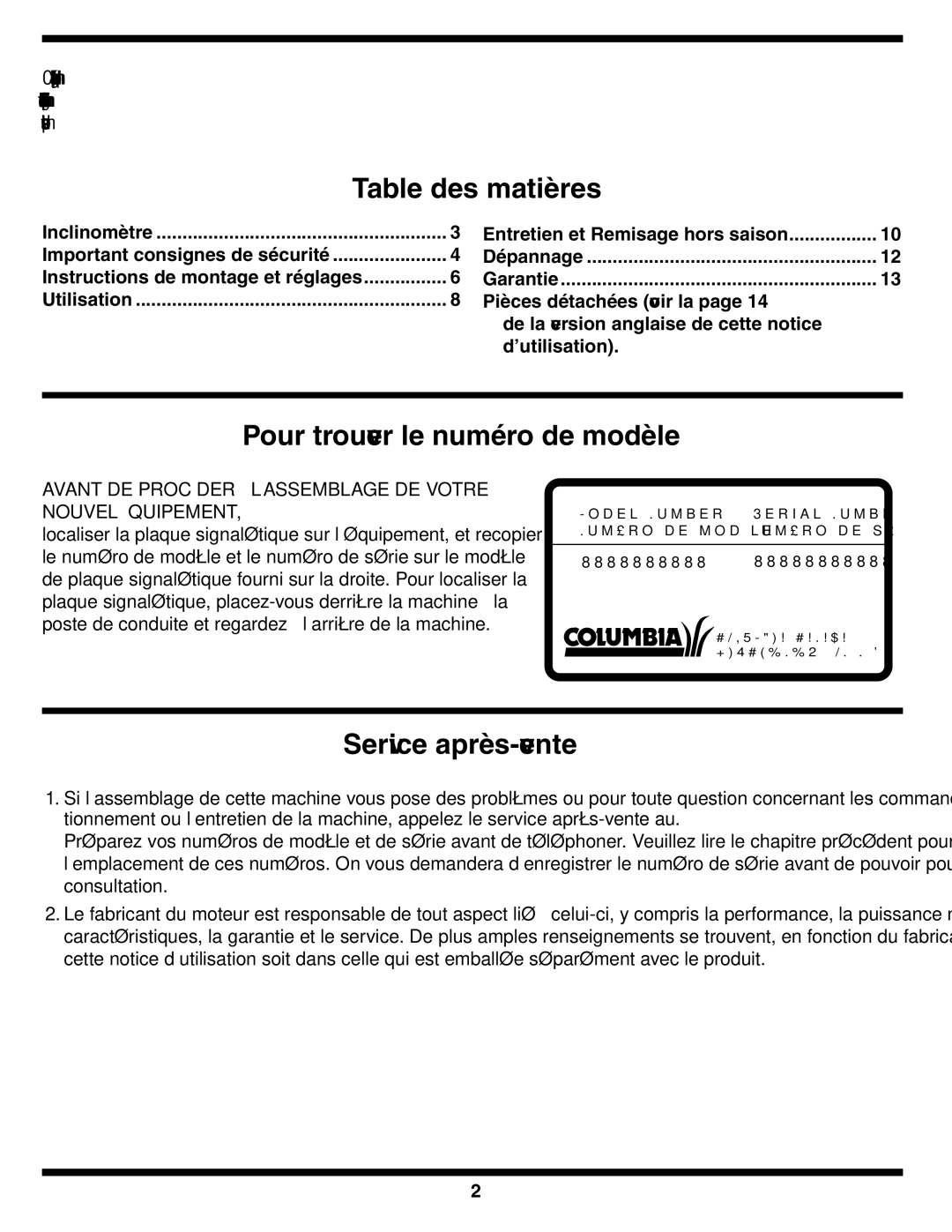 Columbian Home Products 540 warranty Vente-après Service, Modèle de numéro le trouver Pour, Matières des Table 