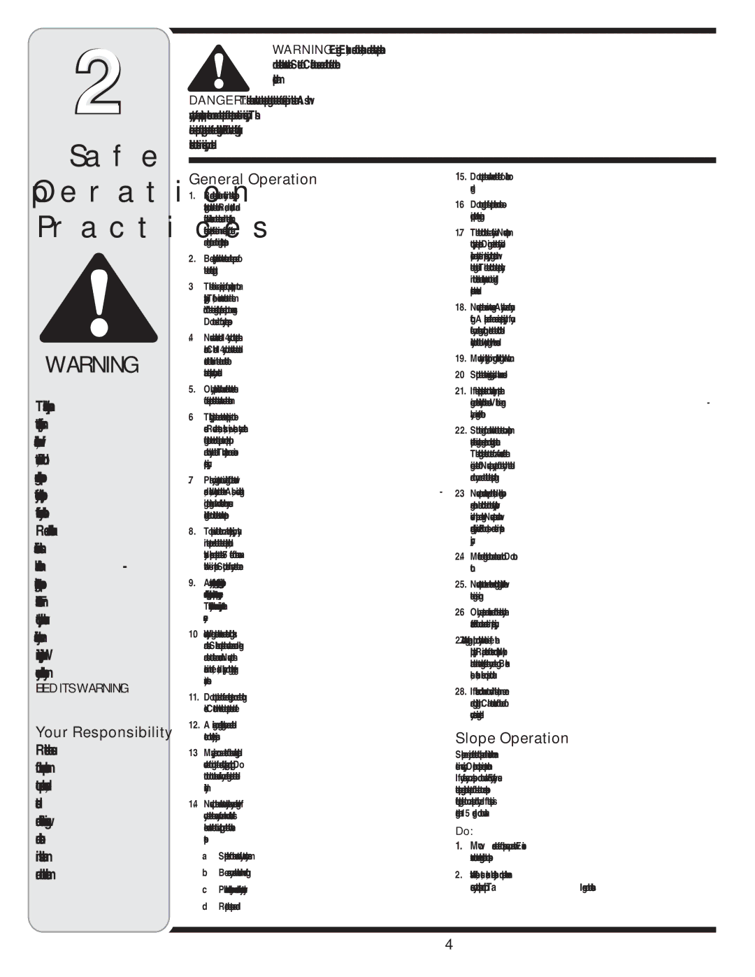 Columbian Home Products 540 warranty Your Responsibility, General Operation, Slope Operation 