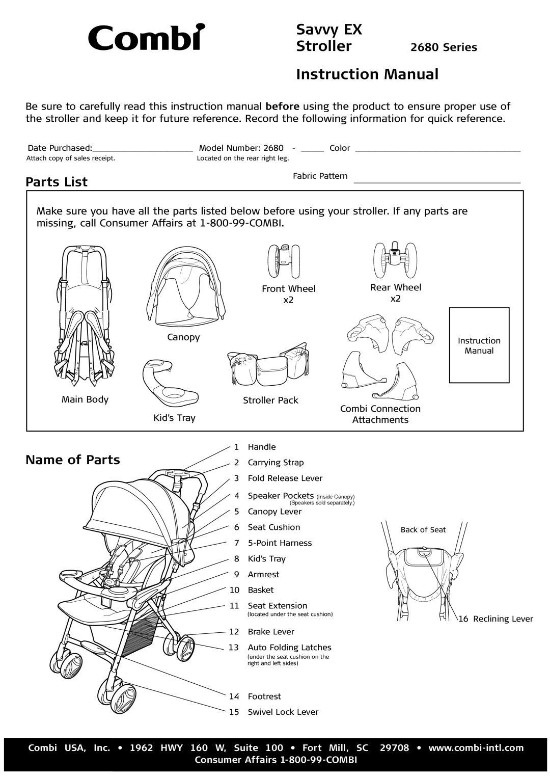 Combi 2680 instruction manual Savvy EX Stroller 