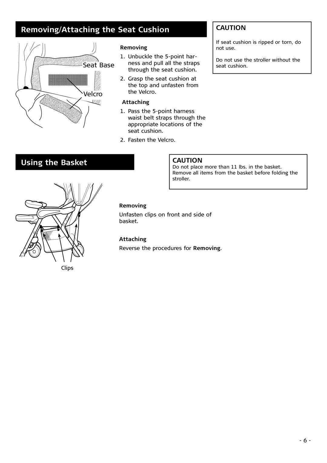 Combi 2680 instruction manual Removing/Attaching the Seat Cushion, Using the Basket 