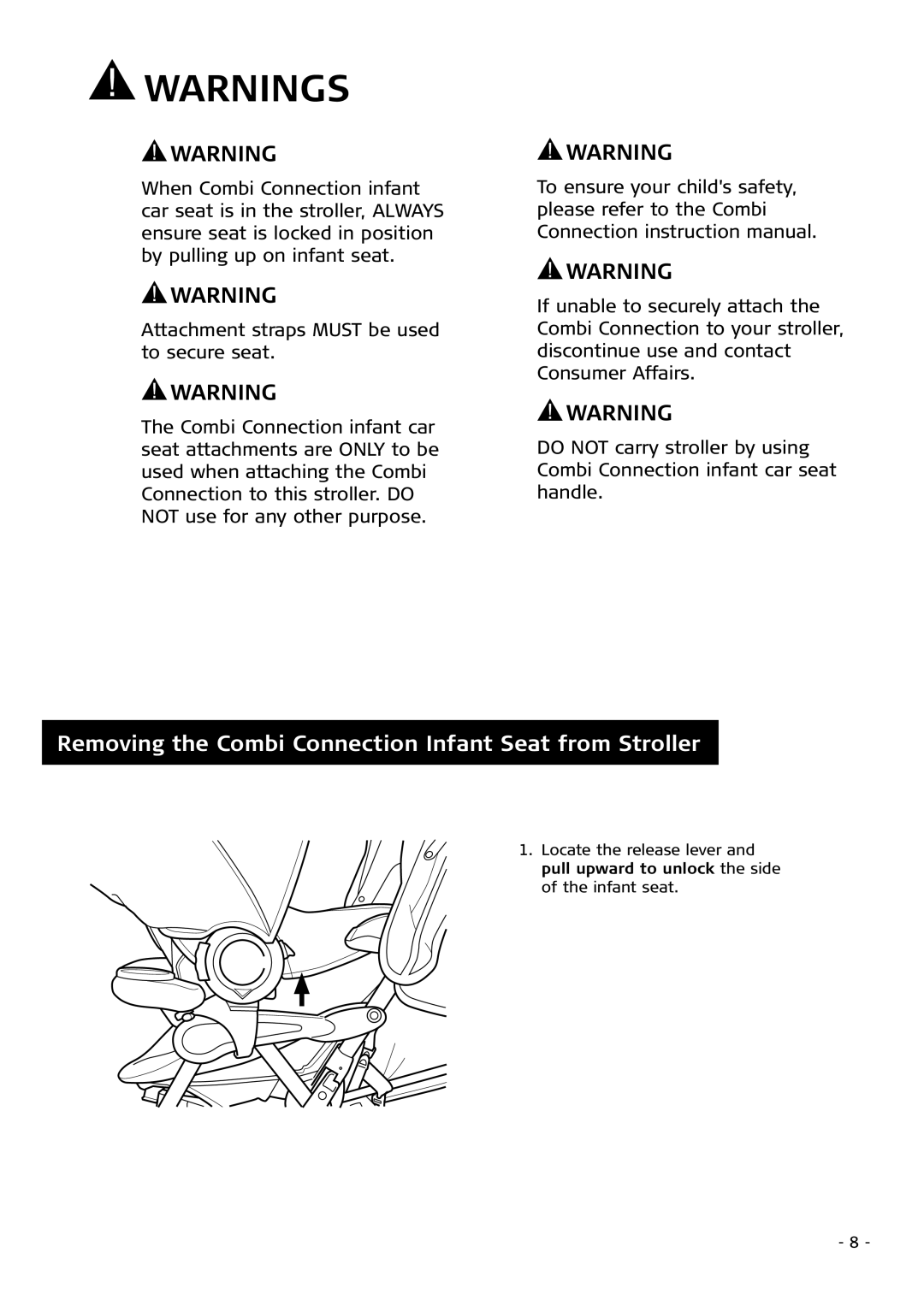 Combi 2680 instruction manual Removing the Combi Connection Infant Seat from Stroller 