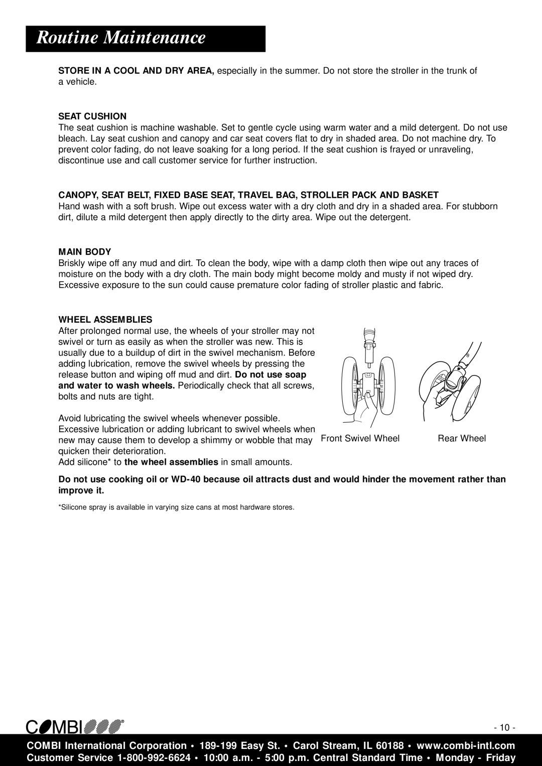 Combi 2800 instruction manual Routine Maintenance, Seat Cushion, Main Body, Wheel Assemblies 