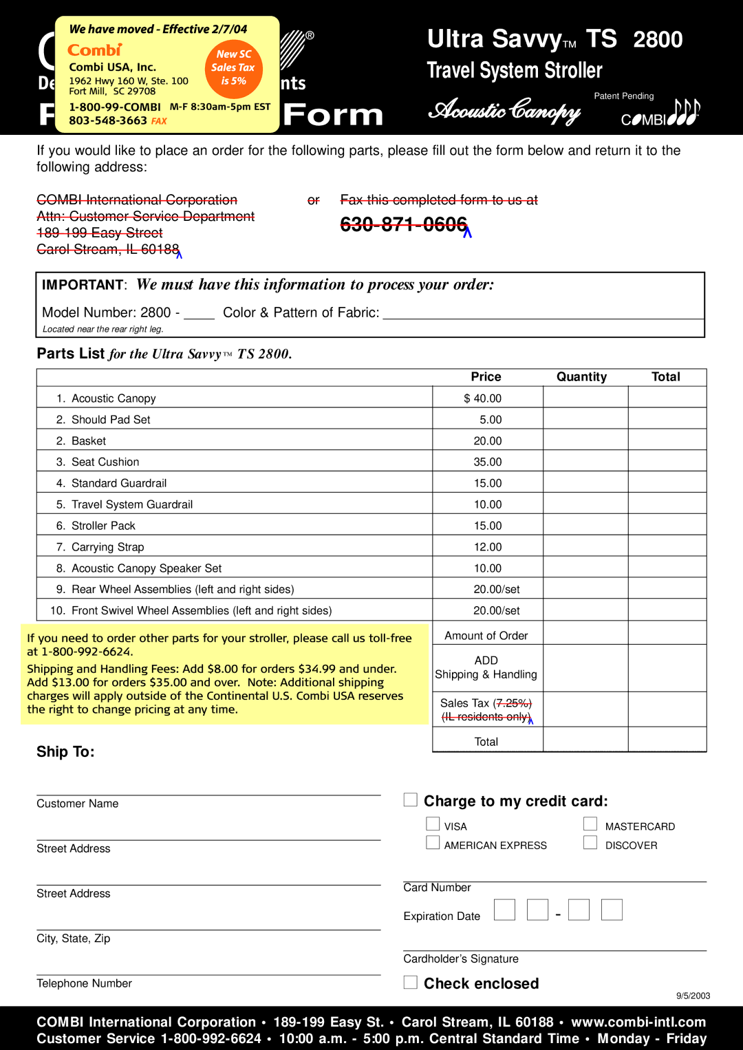 Combi 2800 instruction manual Parts Order Form, Price Quantity Total 