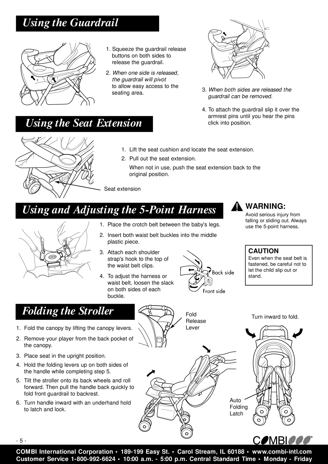 Combi 2800 Using the Guardrail, Using the Seat Extension, Using and Adjusting the 5-Point Harness, Folding the Stroller 