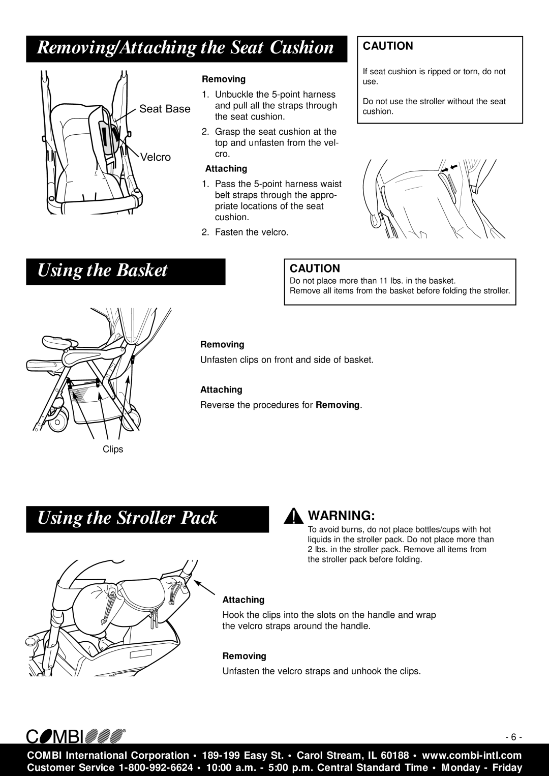 Combi 2800 instruction manual Removing/Attaching the Seat Cushion, Using the Basket, Using the Stroller Pack 