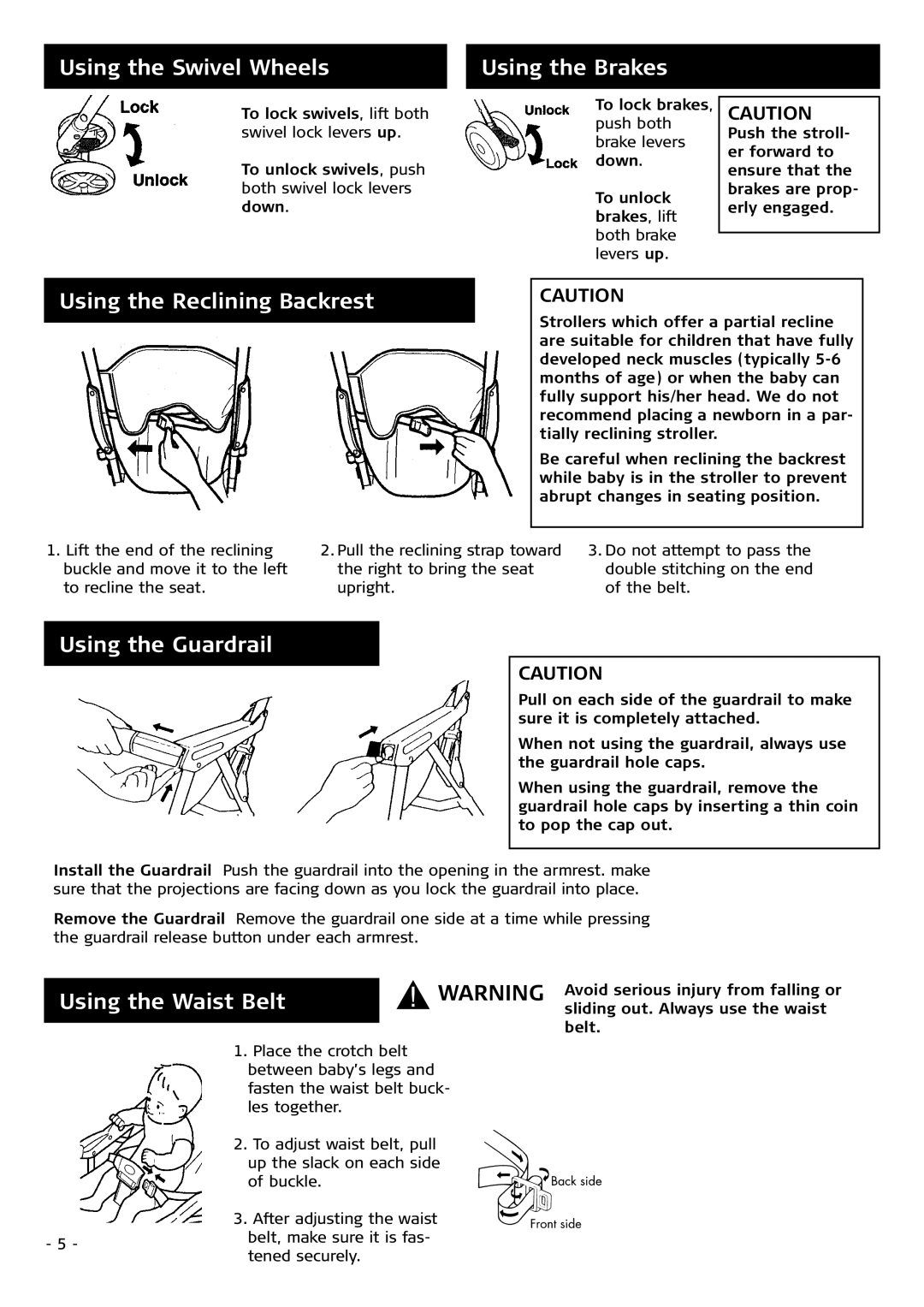 Combi 3210 instruction manual Using the Swivel Wheels, Using the Brakes, Using the Reclining Backrest, Using the Guardrail 