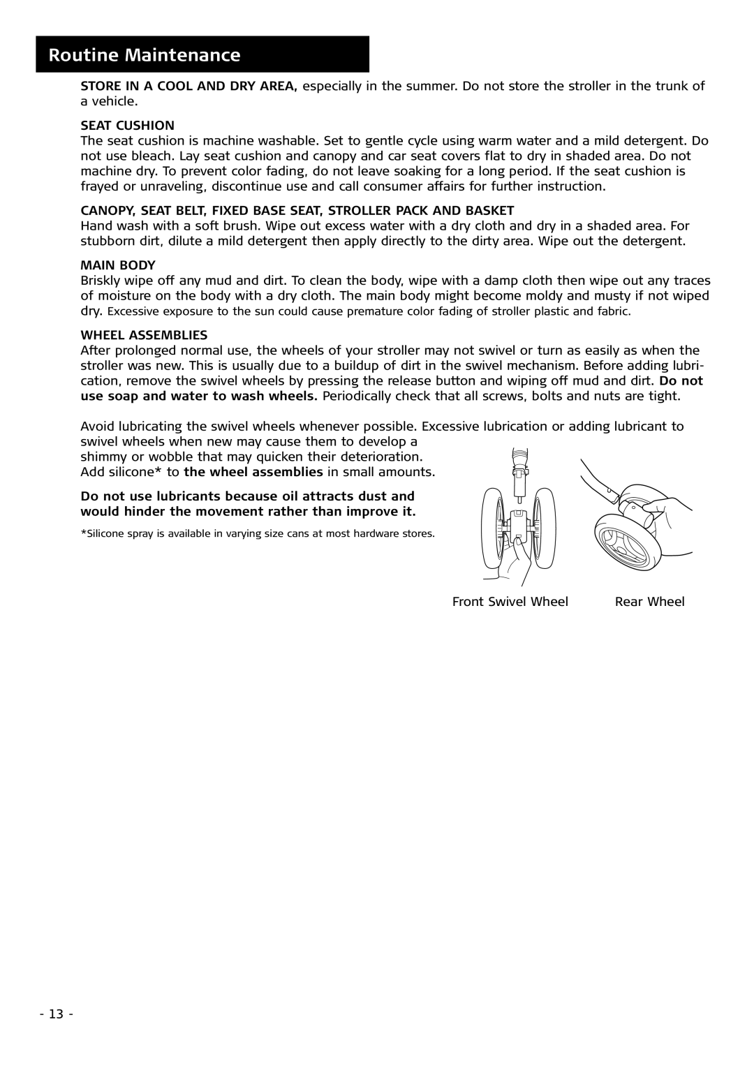 Combi 4010 instruction manual Routine Maintenance, Seat Cushion, Main Body, Wheel Assemblies 