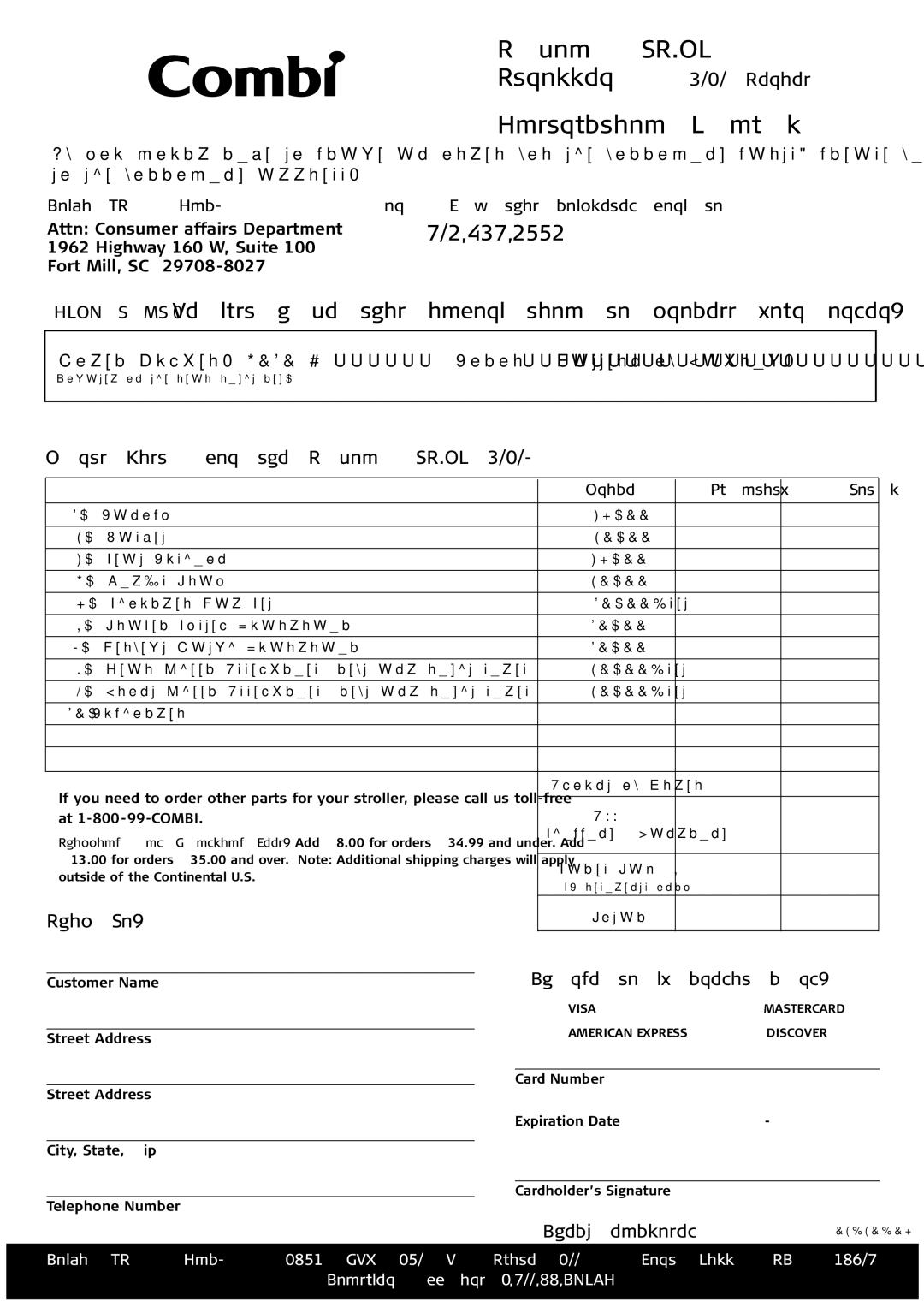 Combi 4010 instruction manual Parts List for the Savona TS/PM, Price Quantity Total 