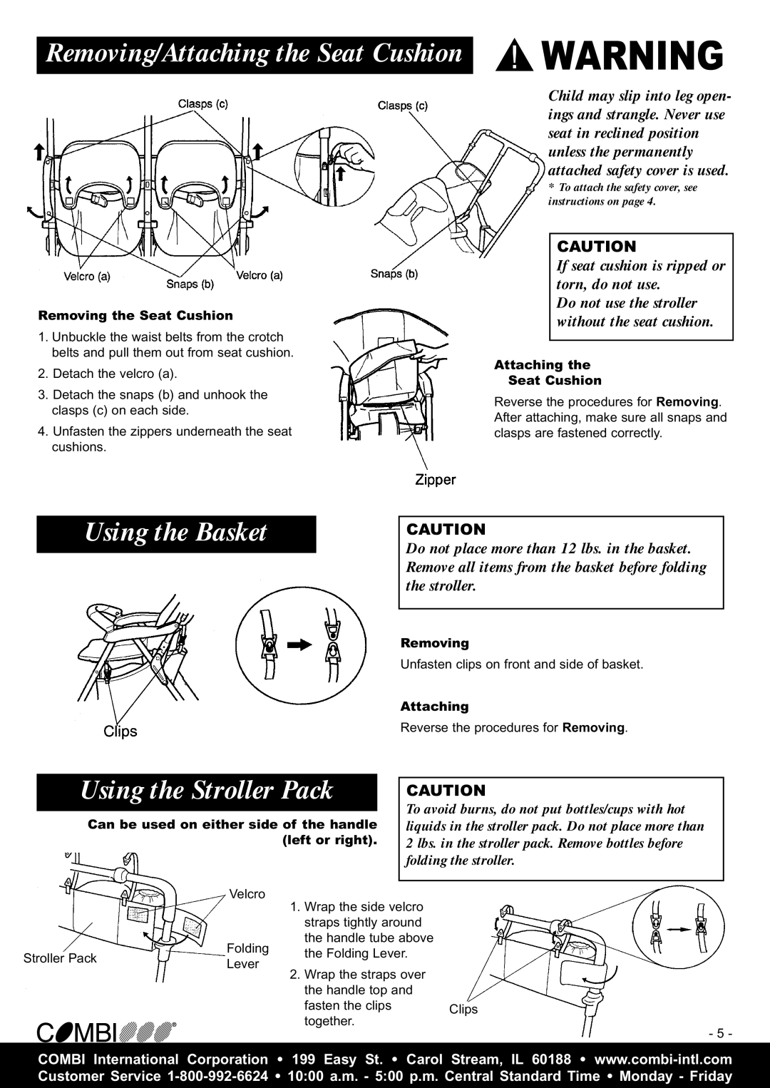 Combi 7030 instruction manual Removing/Attaching the Seat Cushion, Using the Basket, Using the Stroller Pack 