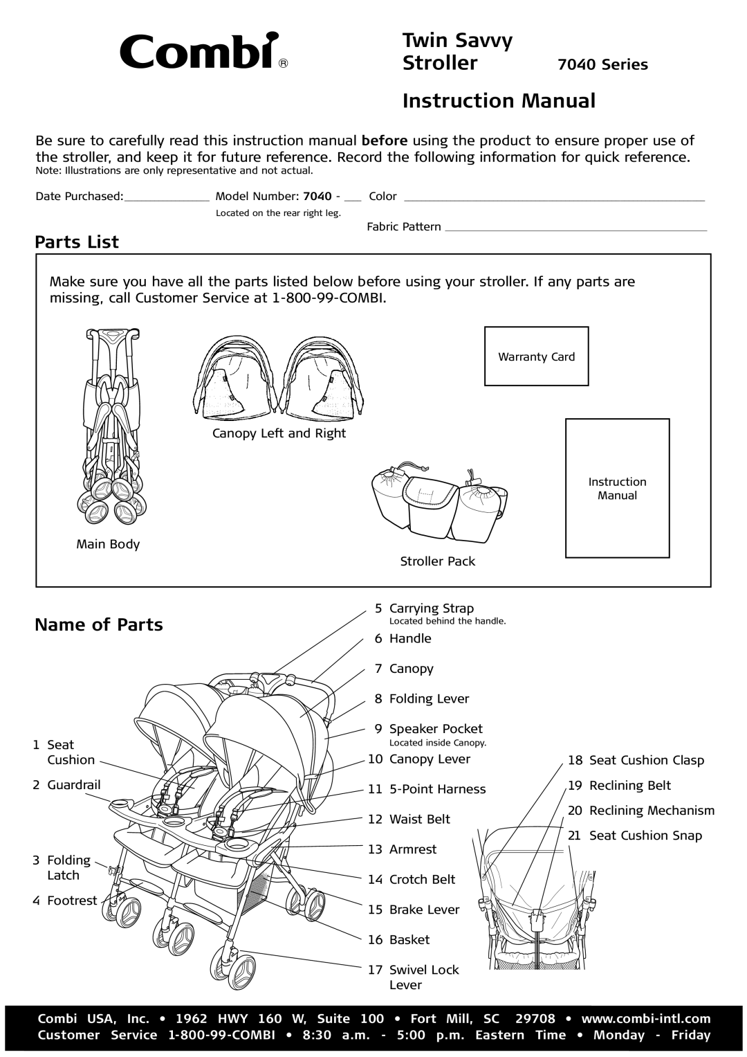 Combi 7040 Series instruction manual Canopy Left and Right Main Body Stroller Pack, Handle, Folding Lever, Speaker Pocket 